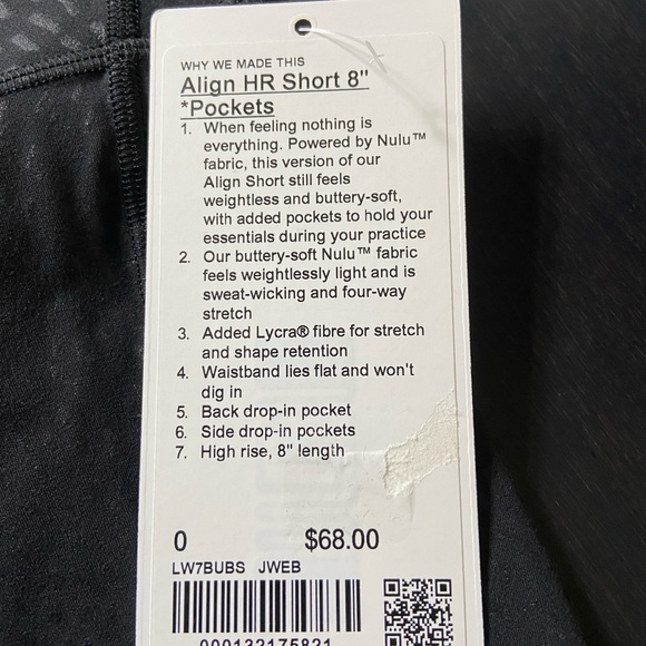 LULULEMON ALIGN HR SHORTS 8” *POCKETS IN JEWEL EMBOSS BLACK SZ 0 NWT - Picture 7 of 7